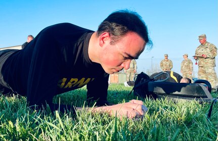 Spc. Mark Meyers of Woodstock, Illinois, competes in the ACFT during the Illinois Army National Guard’s Best Warrior Competition, April 12-14, at Sparta Training Area in Sparta, Illinois.