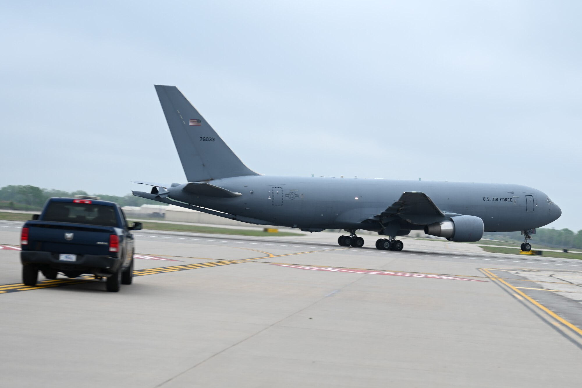 A KC-46A Pegasus takes off from McConnell Air Force Base, Kansas, April 15. 2024. Due to the possibility of high winds and hail, the majority of McConnell's aircraft left the base for a weather relocation. (U.S. Air Force photo by Airman 1st Class William Lunn)