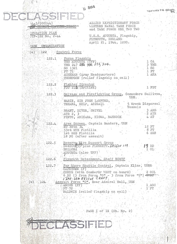 An eight-and-a-half by eleven-inch sheet of white paper, with typewritten text in black-colored ink, of CTF-122’s Operation Plan No. 2-44, lists the composition of the Western Naval Task Force / Task Force 122 itself, along with the first elements in Task Force 124, April 21, 1944