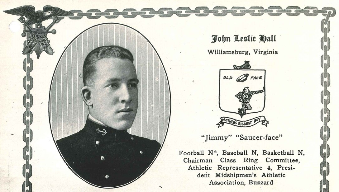 A five-by-eight-inch piece of cream-colored paper, with a black-and-white photograph and typewritten text in black-colored ink, of John L. Hall, Jr.’s Lucky Bag entry upon graduating from the U.S. Naval Academy, 1913