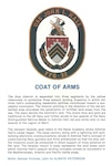 An eight-and-a-half by eleven-inch sheet of white paper, with the colored drawing of the coat of arms of USS John L. Hall (FFG-32), along with typewritten text in black- and blue-colored ink describing the coat of arms’ symbolism, 1982