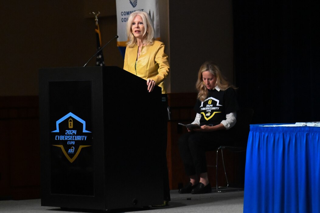 Brenda Gunter, San Angelo Mayor, speaks at the 2024 Youth Cybersecurity Workshop and Expo at Angelo State University, San Angelo, Texas April 5, 2024. Participation in programs like these opens doors of opportunity for individuals wanting to pursue a cybersecurity career.  (U.S. Air Force photo by Airman James Salellas)
