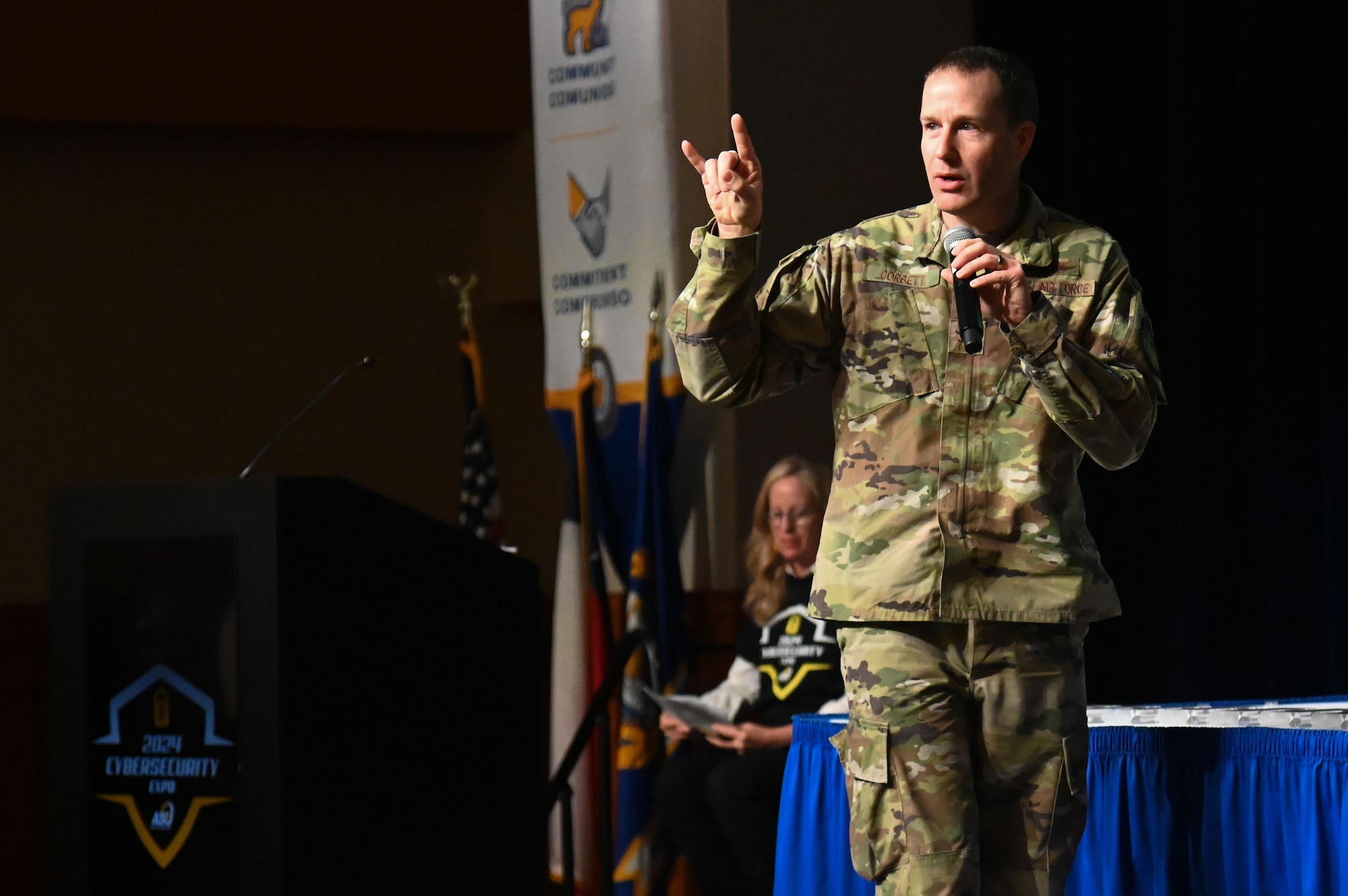 U.S. Air Force Col. Christopher Corbett, 17th Training Wing deputy commander, speaks at the 2024 Youth Cybersecurity Workshop and Expo at Angelo State University, San Angelo, Texas April 5, 2024. Corbett elaborated on the importance of computer science and cybersecurity career fields. (U.S. Air Force photo by Airman James Salellas)