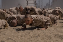 U.S. Marine Corps recruit Xavier Adams with Lima Company, 3rd Recruit Training Battalion, conducts warm-ups prior to the confidence course at Marine Corps Recruit Depot San Diego, California, April 11, 2024. The confidence course allows recruits to become physically and mentally stronger by overcoming obstacles that require strength, balance, and determination. (U.S. Marine Corps photo by Lance Cpl. Alexandra M. Earl)