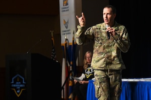 U.S. Air Force Col. Christopher Corbett, 17th Training Wing deputy commander, speaks at the 2024 Youth Cybersecurity Workshop and Expo at Angelo State University, San Angelo, Texas April 5, 2024. Corbett elaborated on the importance of computer science and cybersecurity career fields. (U.S. Air Force photo by Airman James Salellas)