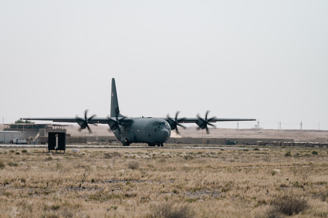 A U.S. Air Force C-130J Super Hercules’ aircraft loaded with
humanitarian aid bound for airdrop over Gaza taxis for takeoff from an undisclosed location within the U.S. Central Command area of responsibility, April 16, 2024. Delivering humanitarian aid via airdrop ensures the aid is received by civilians most in need without delay for communities that may be difficult to reach on the ground. (U.S. Air Force photo)