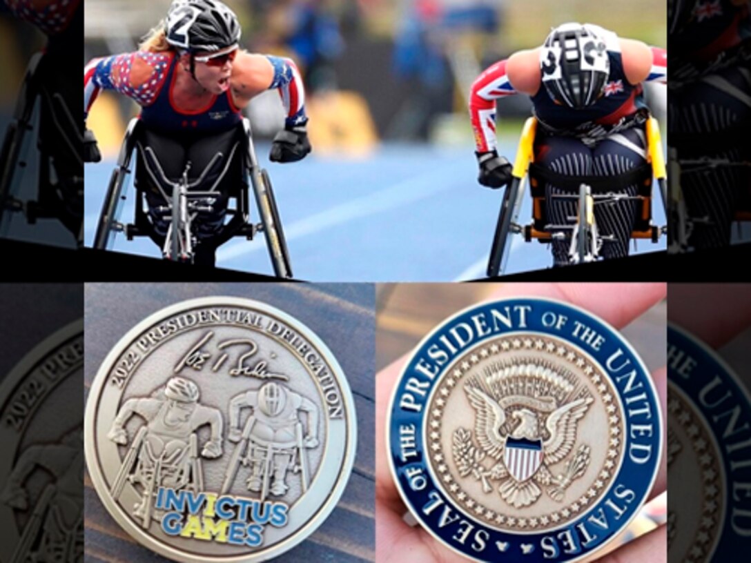 The shining moment crossing the finish line in Sydney was captured on the President’s coin at the Invictus Games in the Hague in 2022.