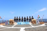 A boarding team from the Indian Navy’s INS Talwar (F40), lead ship of the Talwar-class frigates, displays illicit narcotics confiscated  from a vessel in the Arabian Sea, April 13.