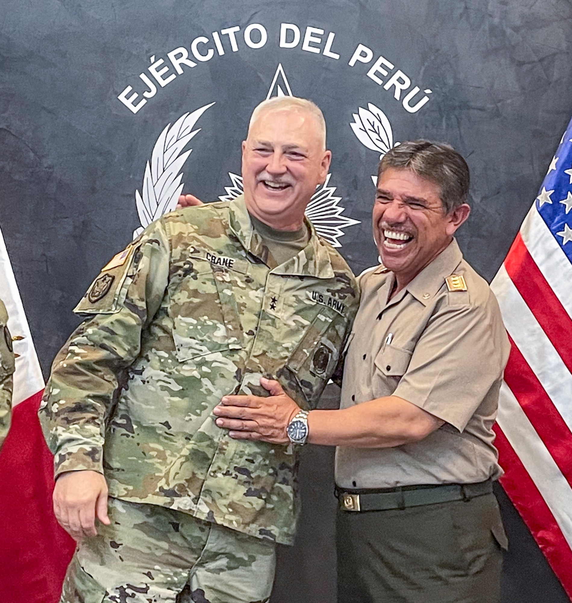 Maj. Gen. Bill Crane, adjutant general of the West Virginia National Guard, laughs with Gen. Orestes Vargas, Peruvian Army chief of staff, in Lima, Peru, in late March 2024. The West Virginia Guard partners with Peru, Qatar and Gabon via the Department of Defense National Guard Bureau State Partnership Program.