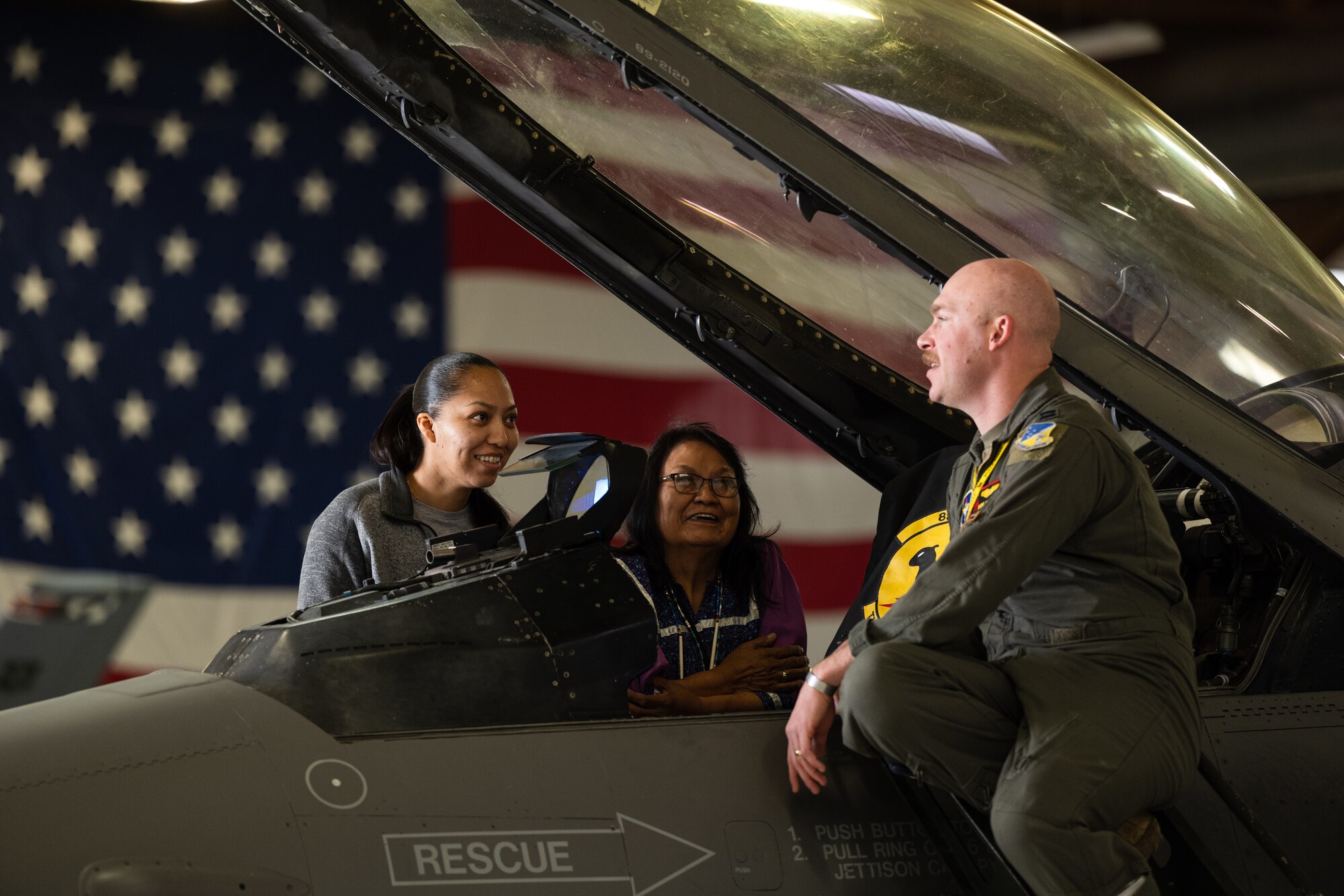 U.S. Air Force Capt. Michael Kelvin, 8th Fighter Squadron F-16 Viper instructor pilot, shares stories from his experience of flying with members of the Mescalero Apache Tribe at Holloman Air Force Base, New Mexico, April 1, 2024.