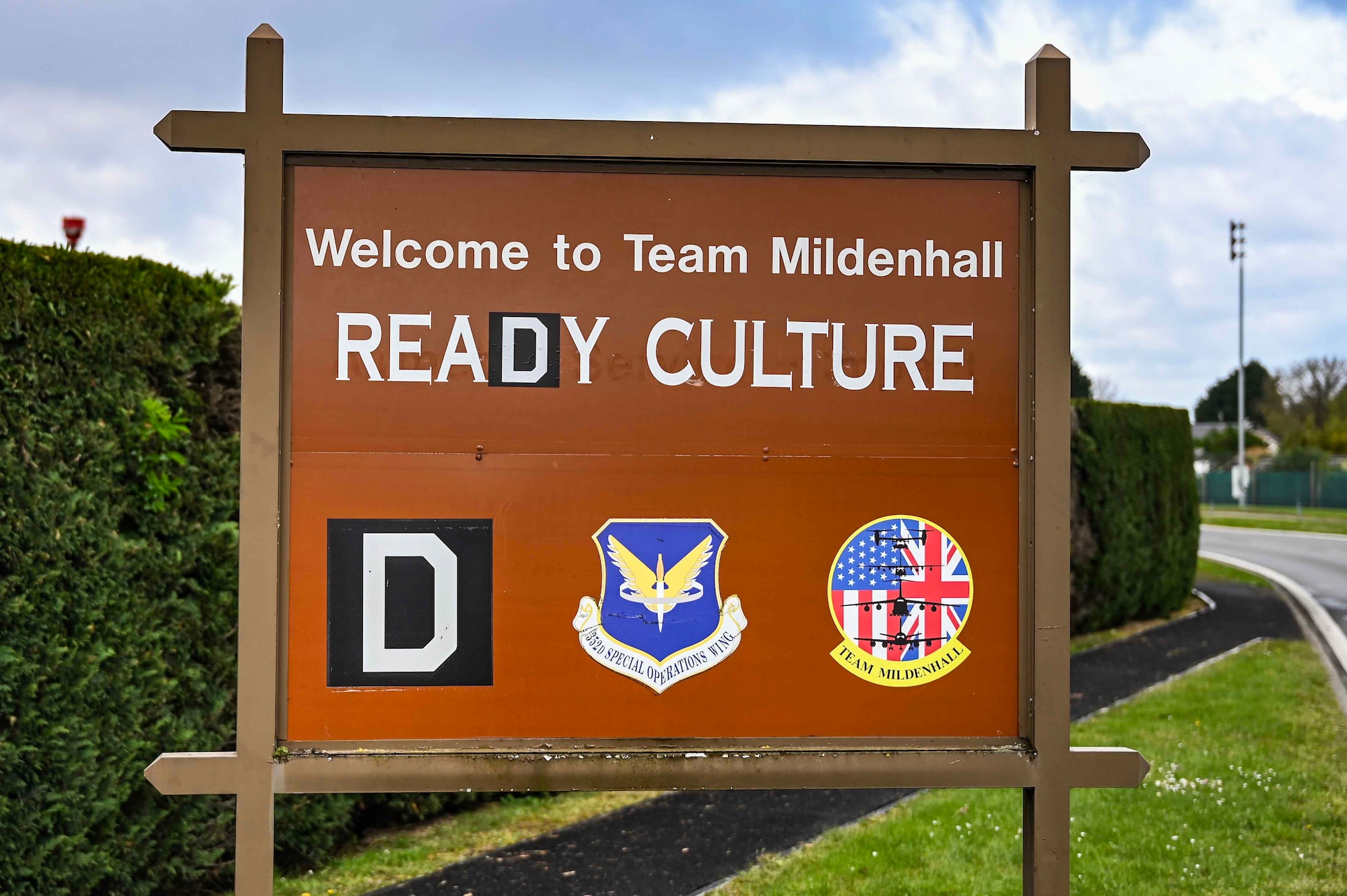 The ReaDy Culture sign stands at Royal Air Force Mildenhall, England, April 15, 2024. RAF Mildenhall serves as a strategic forward operating base, projecting airpower through unrivaled air refueling and special operations capabilities throughout the European and African theaters. (U.S. Air Force photo by Senior Airman Viviam Chiu)
