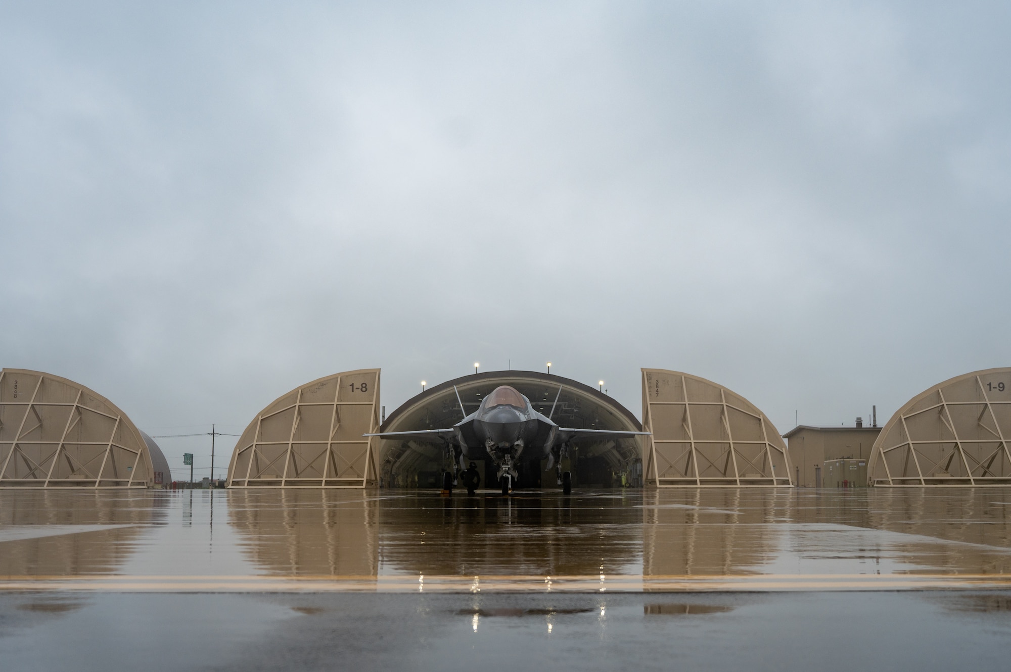 U.S. Marine Corps F-35B Lightning II assigned to the 121st Marine Fighter Attack Squadron completes initial checks before taking off