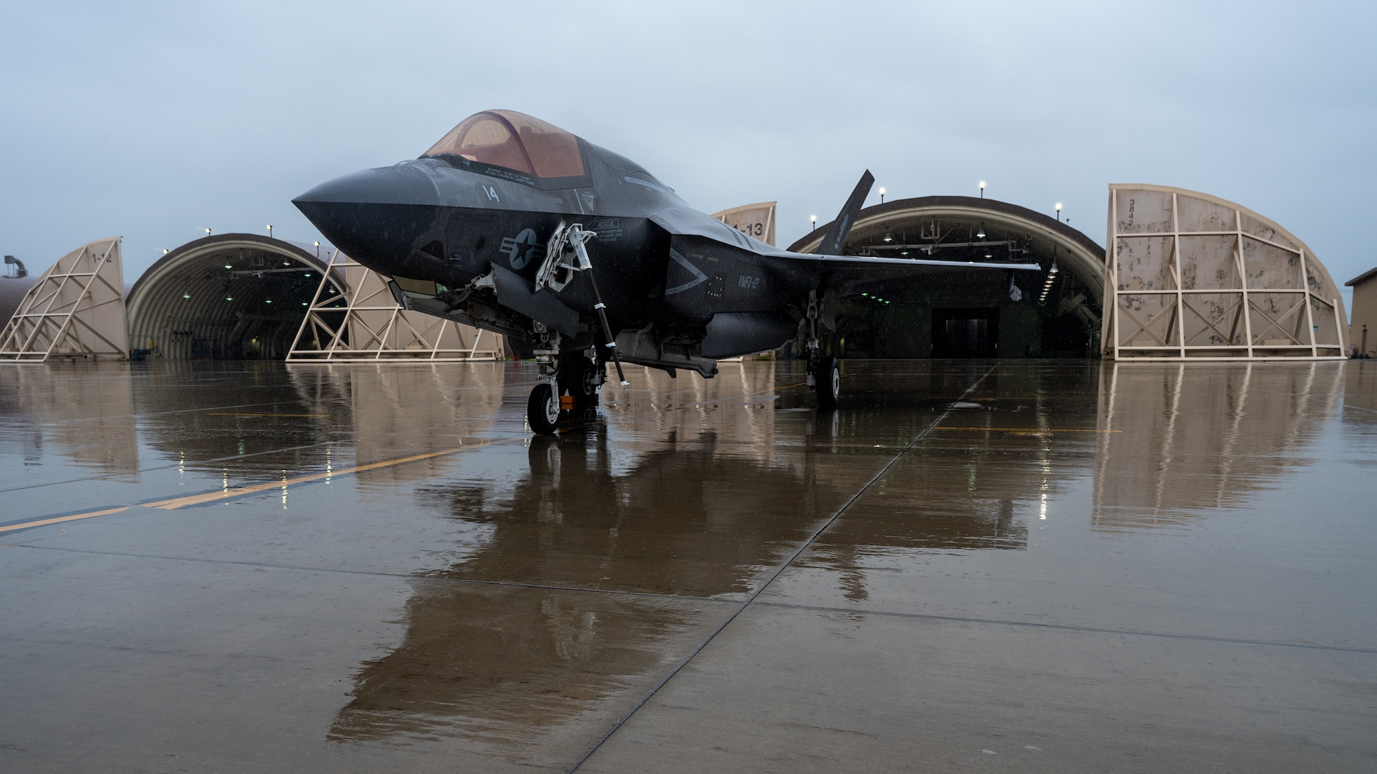 A U.S. Marine Corps F-35B Lightning II assigned to the 121st Marine Fighter Attack Squadron completes initial checks before taking off