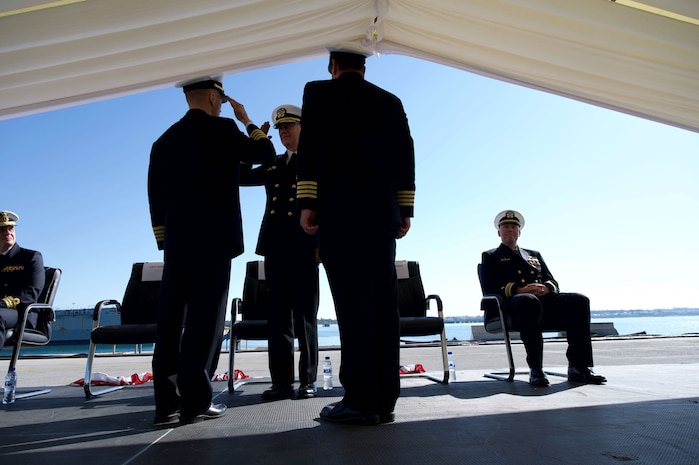 NAVSTA ROTA, Spain (Apr. 16, 2024) Capt. Edward Sundberg salutes Rear Adm. Chase Patrick, deputy commander, U.S. Sixth Fleet, at the Commander, Task Force (CTF) 65 change of command ceremony at Naval Station (NAVSTA) Rota, Apr. 16, 2024. Capt. Alexander Mamikonian relieved Capt. Edward Sundberg as Commodore CTF-65. CTF-65 and DESRON 60, headquartered in Rota, Spain, oversee the forward-deployed forces of U.S. Sixth Fleet’s area of operation in support of regional allies and partners, as well as U.S. national security interests in Europe and Africa. (U.S. Navy photo by Mass Communication Specialist 1st Class Christina Brewer)