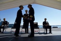NAVSTA ROTA, Spain (Apr. 16, 2024) Capt. Alexander Mamikonian takes the command of Commander, Task Force (CTF) 65 at the change of command ceremony at Naval Station (NAVSTA) Rota, Apr. 16, 2024. Capt. Alexander Mamikonian relieved Capt. Edward Sundberg as Commodore CTF-65. CTF-65 and DESRON 60, headquartered in Rota, Spain, oversee the forward-deployed forces of U.S. Sixth Fleet’s area of operation in support of regional allies and partners, as well as U.S. national security interests in Europe and Africa. (U.S. Navy photo by Mass Communication Specialist 1st Class Christina Brewer)