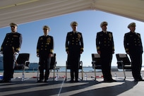 NAVSTA ROTA, Spain (Apr. 16, 2024) Senior leadership take part in the Commander, Task Force (CTF) 65 change of command ceremony at Naval Station (NAVSTA) Rota, Apr. 16, 2024. Capt. Alexander Mamikonian relieved Capt. Edward Sundberg as Commodore CTF-65. CTF-65 and DESRON 60, headquartered in Rota, Spain, oversee the forward-deployed forces of U.S. Sixth Fleet’s area of operation in support of regional allies and partners, as well as U.S. national security interests in Europe and Africa. (U.S. Navy photo by Mass Communication Specialist 1st Class Christina Brewer)