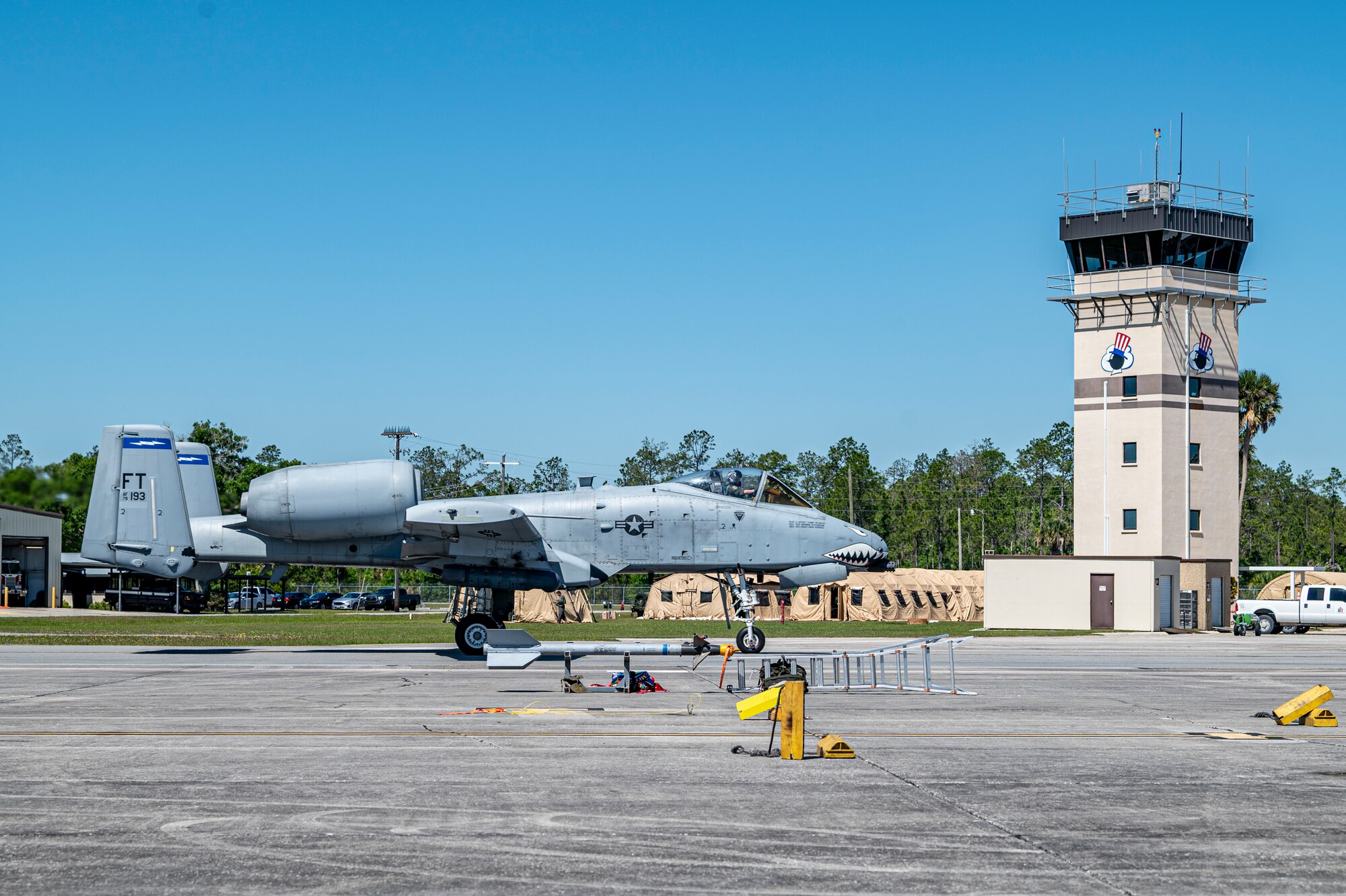 An A-10C Thunderbolt II taxies on the runway during Exercise Ready Tiger 24-1 at Avon Park Air Force Range, Florida, April 12, 2024. Aircraft and aircrew simulated deploying from Moody Air Force Base, Georgia, to Avon Park AFR to practice Agile Combat Employment concepts. Ready Tiger 24-1 is a readiness exercise demonstrating the 23rd Wing’s ability to plan, prepare and execute operations and maintenance to project air power in contested and dispersed locations, defending the United States’ interests and allies. (U.S. Air Force photo by Airman 1st Class Leonid Soubbotine)
