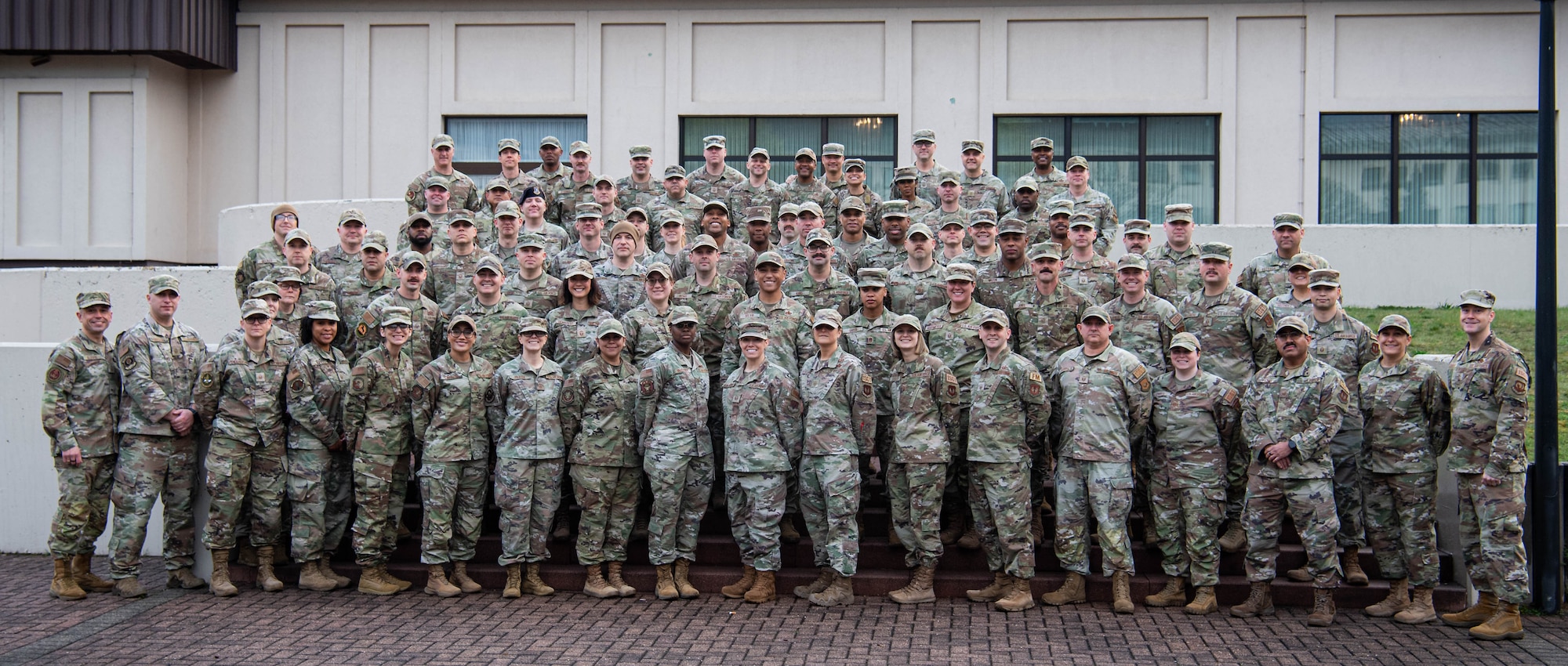 U.S. Air Force first sergeants assigned to U.S. Air Forces in Europe and Air Forces Africa, pose for a photo before USAFE-AFAFRICA’s first sergeant symposium at Ramstein Air Base, Germany, April 2, 2024. The aim of the first sergeant symposium was to enhance the professional development of first sergeants across USAFE-AFAFRICA, equipping them with essential tools and strategies to better serve their units. (U.S. Air Force photo by Senior Airman Jared Lovett)