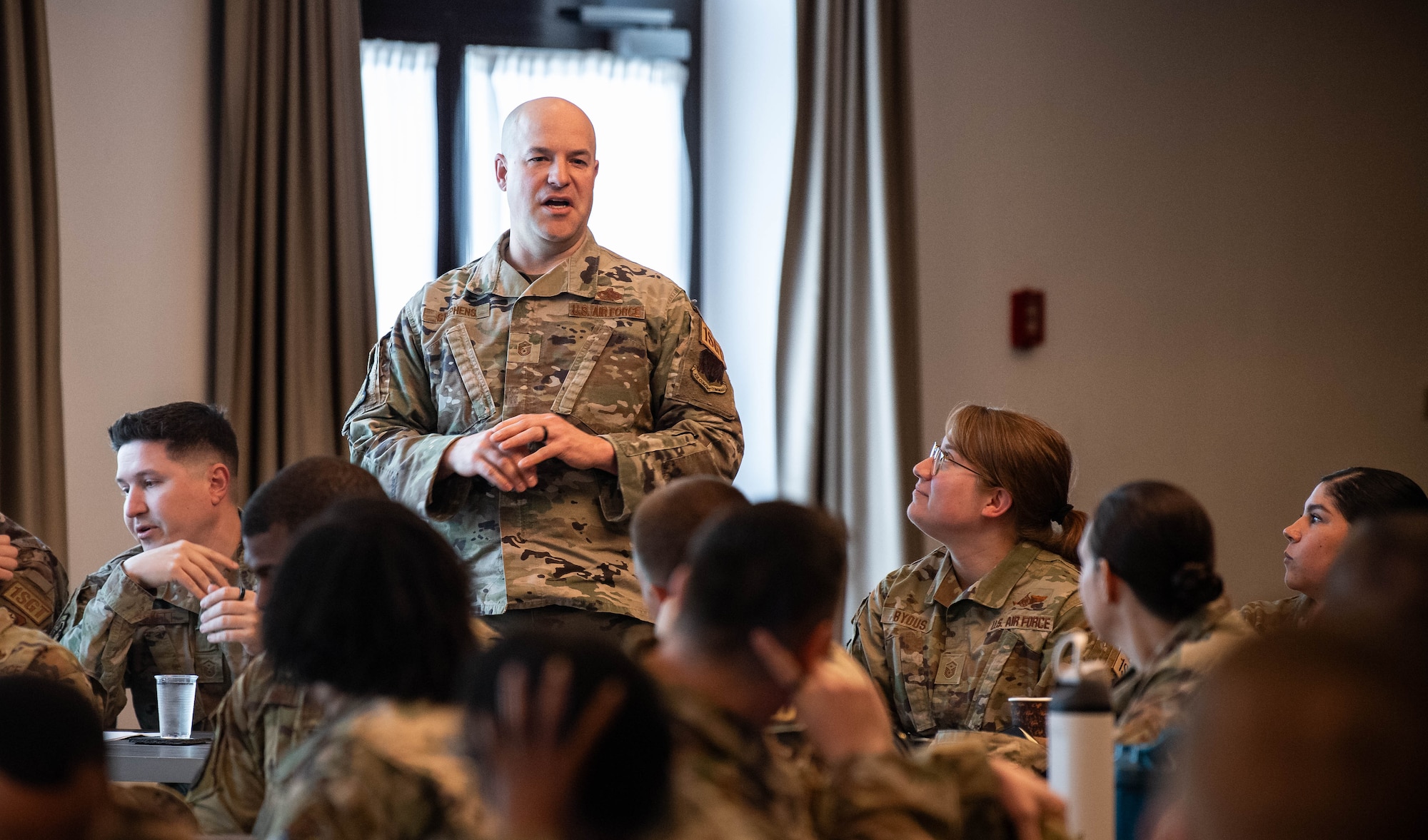 U.S. Air Force Master Sgt. Teddy Stephens, 100th Aircraft Maintenance Squadron first sergeant assigned to RAF Mildenhall, introduces himself during a first sergeant symposium at Ramstein Air Base, Germany, April 2, 2024. The aim of the first sergeant symposium was to enhance the professional development of first sergeants across USAFE-AFAFRICA, equipping them with essential tools and strategies to better serve their units. (U.S. Air Force photo by Senior Airman Jared Lovett)