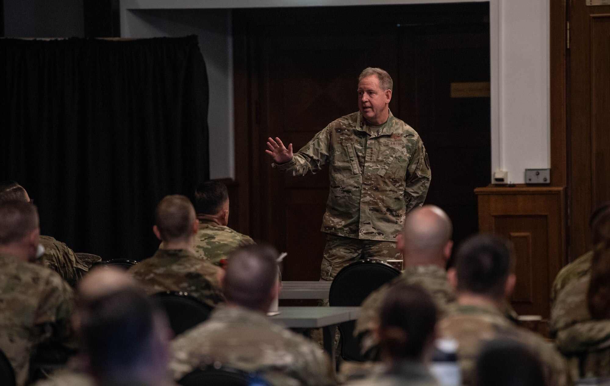 U.S. Air Force Gen. James Hecker, United States Air Forces in Europe – Air Forces Africa commander, speaks during a first sergeant symposium at Ramstein Air Base, Germany, April 3, 2024. The symposium provided attendees with comprehensive training and guidance to excel in their roles as first sergeants. (U.S. Air Force photo by Senior Airman Jared Lovett)