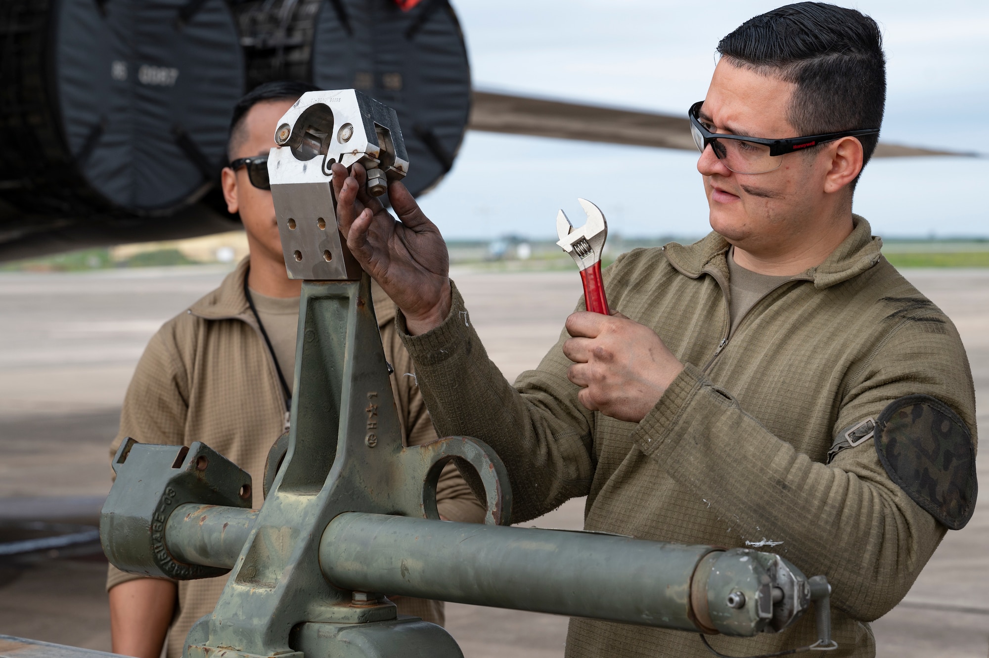 U.S. Air Force Senior Airman Alex Ortiz-Nunez, 9th Expeditionary Bomb Squadron aerospace propulsion specialist, completes an engine swap on a B-1B Lancer at Morón Air Base, Spain, April 3, 2024, during Bomber Task Force Europe. Regular and routine deployments of strategic bombers provide the U.S. with critical skills to train and operate alongside Allies and partners while bolstering collective response to global conflict. (U.S. Air Force photo by Airman 1st Class Emma Anderson)