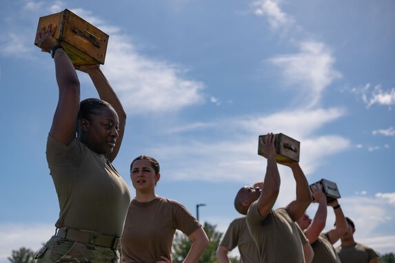 Service members participate in a U.S. Marine Corps Combat Fitness Test during the Leading Edge course at Joint Base McGuire-Dix-Lakehurst, N.J., April 9, 2024. Offered twice a year, Leading Edge is a one-of-a-kind joint operations-focused course sponsored by JB MDL Top 3 committee and open to service members in ranks E-4 to E-6 from all military branches. (U.S. Air Force photo by Staff Sgt. Monica Roybal)