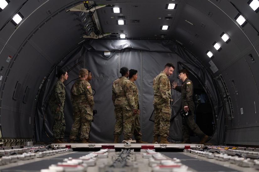 Service members tour a U.S. Air Force KC-46A Pegasus refueling aircraft during the Leading Edge course at Joint Base McGuire-Dix-Lakehurst, N.J., April 12, 2024. Offered twice a year, Leading Edge is a one-of-a-kind joint operations-focused course sponsored by JB MDL Top 3 committee and open to service members in ranks E-4 to E-6 from all military branches. (U.S. Air Force photo by Senior Airman Sergio Avalos)