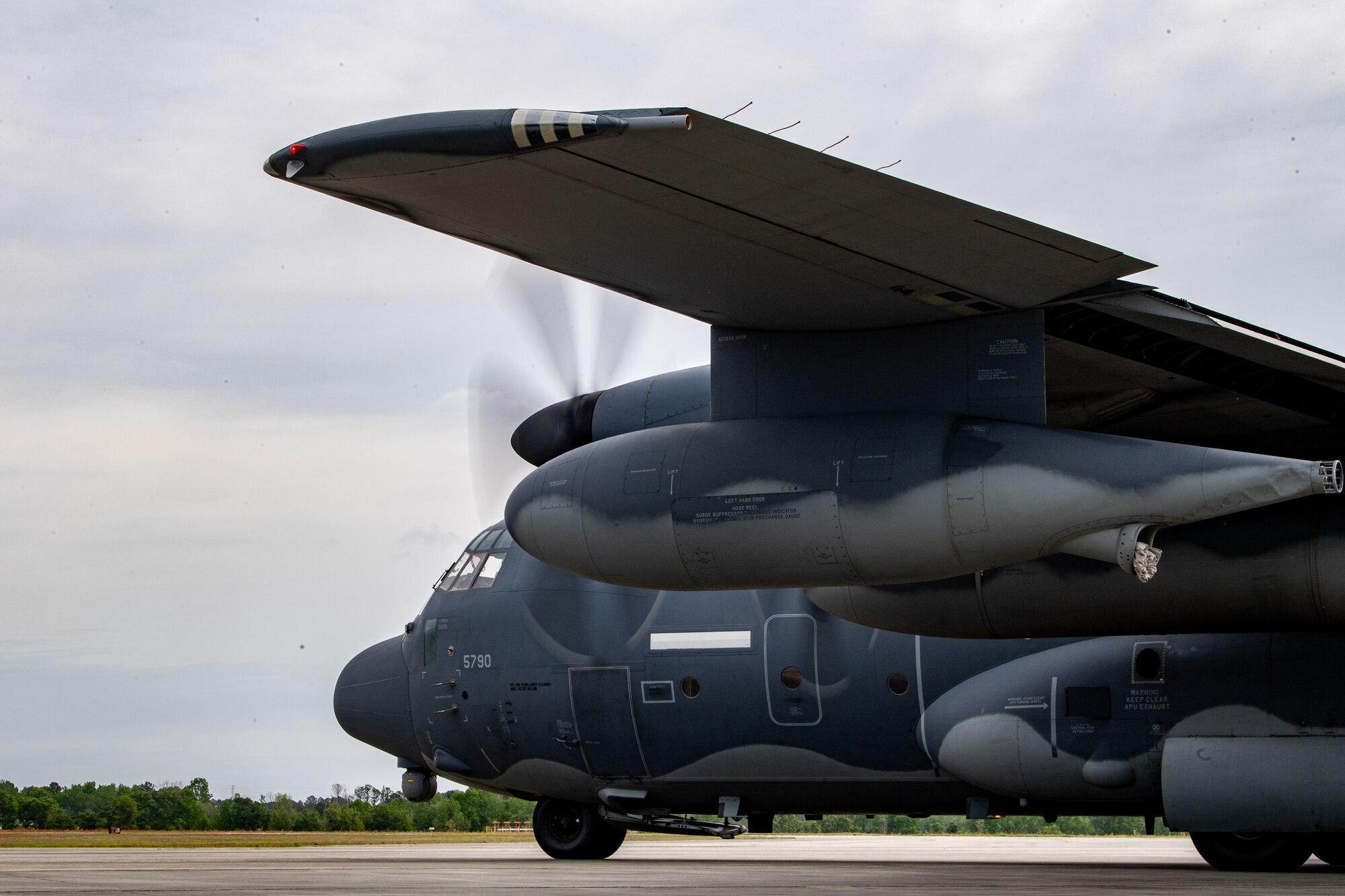 An HC-130J Combat King II assigned to the 71st Rescue Squadron taxis for takeoff from Savannah Air National Guard Base during Exercise Ready Tiger 24-1 in Savannah, Georgia, April 10, 2024. The aircraft took off from the forward operating base during a combat search and rescue scenario. During Ready Tiger 24-1, exercise inspectors will assess the 23rd Wing's proficiency in employing decentralized command and control to fulfill air tasking orders across geographically dispersed areas amid communication challenges, integrating Agile Combat Employment principles such as integrated combat turns, forward aerial refueling points, multi-capable Airmen, and combat search and rescue capabilities. (U.S. Air Force photo by Senior Airman Courtney Sebastianelli)