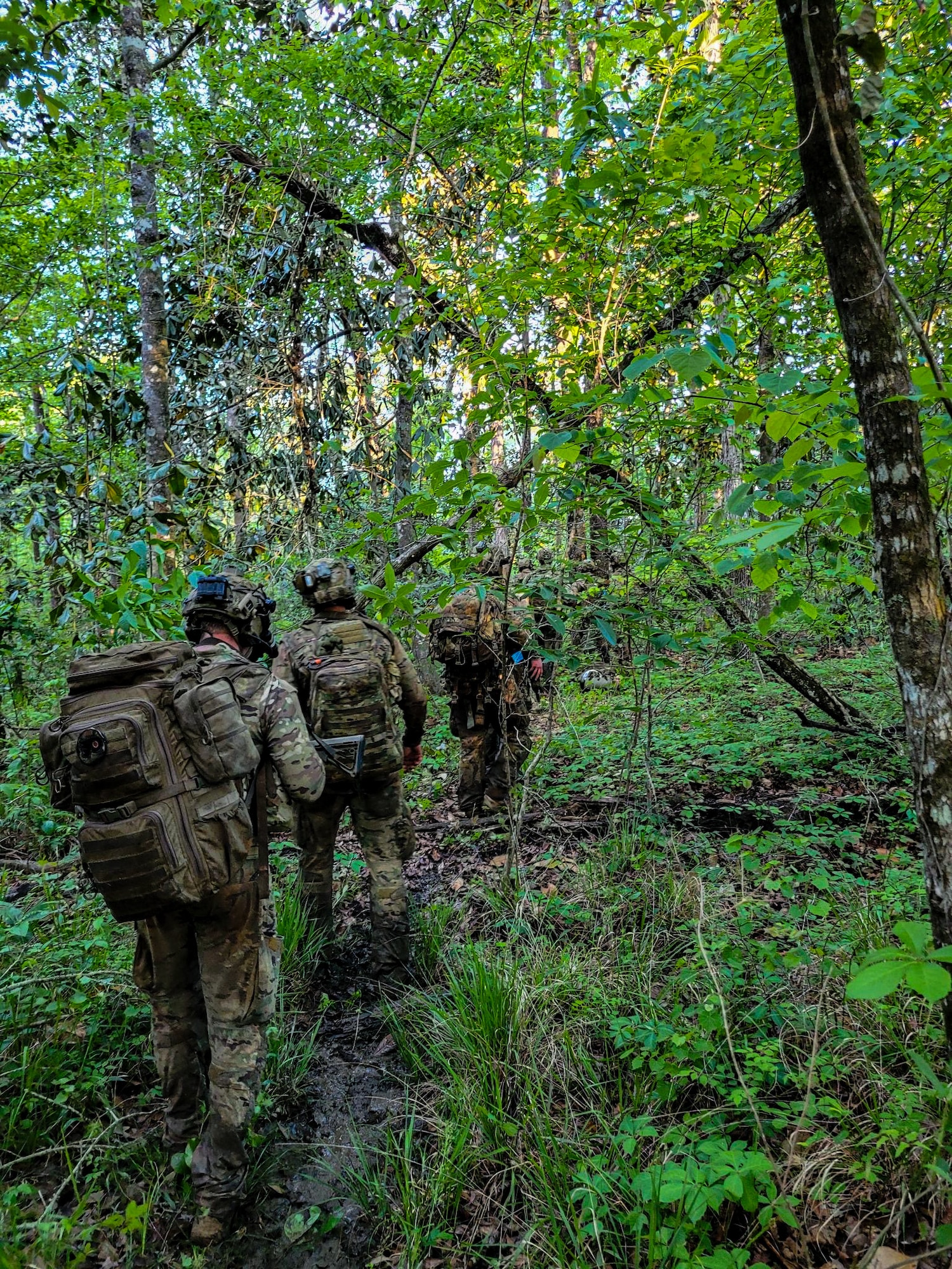 U.S. Air Force pararescuemen assigned to the 38th Rescue Squadron navigate through heavy terrain during Exercise Ready Tiger 24-1 in Southeast Georgia, April 13, 2024. The exercise simulated a downed pilot scenario which tested the combat search and rescue team’s ability to respond at a moment's notice. During Ready Tiger 24-1, exercise inspectors will assess the 23rd Wing's proficiency in employing decentralized command and control to fulfill air tasking orders across geographically dispersed areas amid communication challenges, integrating Agile Combat Employment principles such as integrated combat turns, forward aerial refueling points, multi-capable Airmen, and combat search and rescue capabilities. (U.S. Air Force photo by Senior Airman Courtney Sebastianelli)