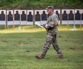 U.S. Army Maj. Gen. Gregory Knight walks the range while Soldiers and Airmen, Vermont National Guard, compete in the 2023 Tag Match at the Ethan Allen Firing Range, Jericho, Vt. August 5, 2023.