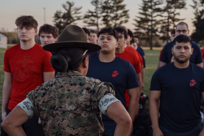 U.S. Marines and Poolees with Recruiting Station Kansas City execute the annual All Hands Pool Function at Camp Clark, Nevada, Missouri from April 12-14, 2024. Drill Instructors from Marine Corps Recruit Depot San Diego attended the AHPF to further prepare the poolees in the Delayed Entry Program from Nebraska, Iowa, Kansas, and Missouri for recruit training. (U.S. Marine Corps photo by Sgt. Alexis Moradian)