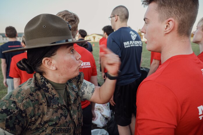 U.S. Marines and Poolees with Recruiting Station Kansas City execute the annual All Hands Pool Function at Camp Clark, Nevada, Missouri from April 12-14, 2024. Drill Instructors from Marine Corps Recruit Depot San Diego attended the AHPF to further prepare the poolees in the Delayed Entry Program from Nebraska, Iowa, Kansas, and Missouri for recruit training. (U.S. Marine Corps photo by Sgt. Alexis Moradian)