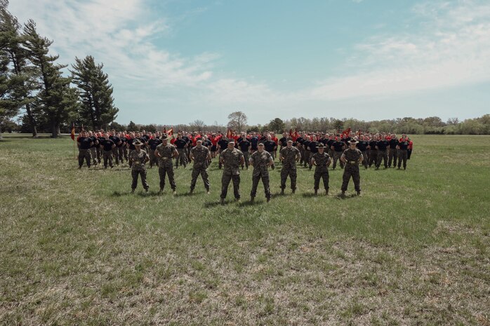 U.S. Marines and Poolees with Recruiting Station Kansas City execute the annual All Hands Pool Function at Camp Clark, Nevada, Missouri from April 12-14, 2024. Drill Instructors from Marine Corps Recruit Depot San Diego attended the AHPF to further prepare the poolees in the Delayed Entry Program from Nebraska, Iowa, Kansas, and Missouri for recruit training. (U.S. Marine Corps photo by Sgt. Alexis Moradian)