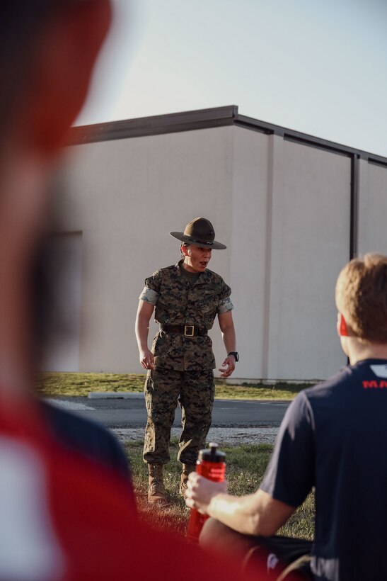 U.S. Marines and Poolees with Recruiting Station Kansas City execute the annual All Hands Pool Function at Camp Clark, Nevada, Missouri from April 12-14, 2024. Drill Instructors from Marine Corps Recruit Depot San Diego attended the AHPF to further prepare the poolees in the Delayed Entry Program from Nebraska, Iowa, Kansas, and Missouri for recruit training. (U.S. Marine Corps photo by Sgt. Alexis Moradian)