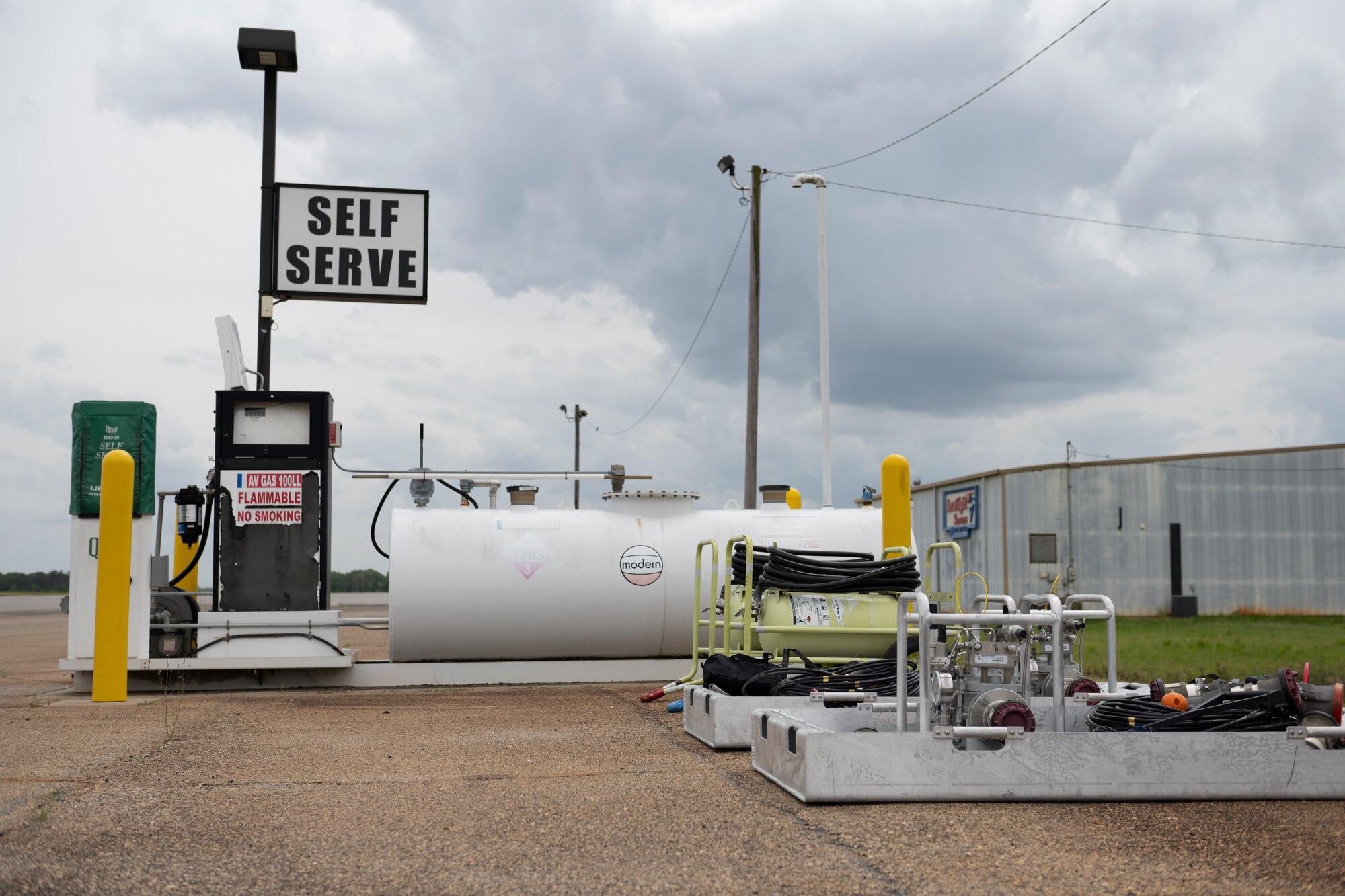 The 23rd Logistics Readiness Squadron has two Versatile Integrating Partner Equipment Refueling kits next to a gas tank prepped for Exercise Ready Tiger 24-1 at Perry-Houston County Airport, Georgia, April 10, 2024. The VIPER kit is a compacted, special-fuels handling kit used to rapidly refuel an aircraft in austere environments. During Ready Tiger 24-1, the 23rd Wing will be evaluated on the integration of Air Force Force Generation principles such as Agile Combat Employment, integrated combat turns, forward aerial refueling points, multi-capable Airmen, and combat search and rescue capabilities. (U.S. Air Force photo by Senior Airman Rachel Coates)