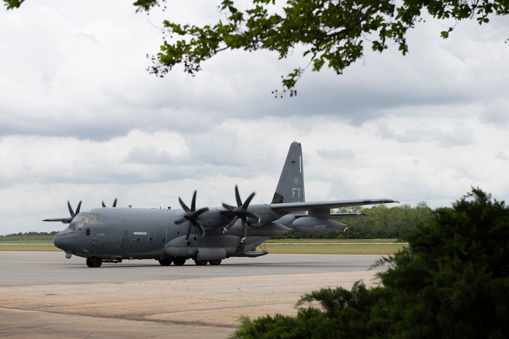 U.S. Air Force Airmen assigned to the 71st Rescue Squadron prep an HC-130J Combat King II to depart Perry-Houston County Airport, Georgia, April 10, 2024. As part of Exercise Ready Tiger 24-1, the 74th Fighter Generation Squadron Airmen brought fuel equipment, communications equipment, and aircraft toolkits to the contingency location from Avon Park Air Force Range, Florida, to conduct rapid refueling. During Ready Tiger 24-1, the 23rd Wing will be evaluated on the integration of Air Force Force Generation principles such as Agile Combat Employment, integrated combat turns, forward aerial refueling points, multi-capable Airmen, and combat search and rescue capabilities. (U.S. Air Force photo by Senior Airman Rachel Coates)