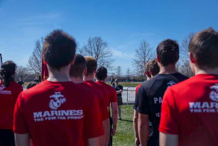 Marines with Recruiting Sub-Station Cedar Rapids and Recruiting Sub-Station Quad Cities held their monthly pool function in Iowa City, Iowa, April 13, 2024. During this training event the poolees were taught basic drill movement, conducted a motivational run, and swore their oath of enlistment during a Iowa Heartlanders hockey game. The purpose of the monthly pool function is to ensure the poolees have the opportunity to prepare mentally and physically before recruit training and to experience the camaraderie of the Marine Corps. (U.S. Marine Corps photo by Cpl. Collette Hagen)