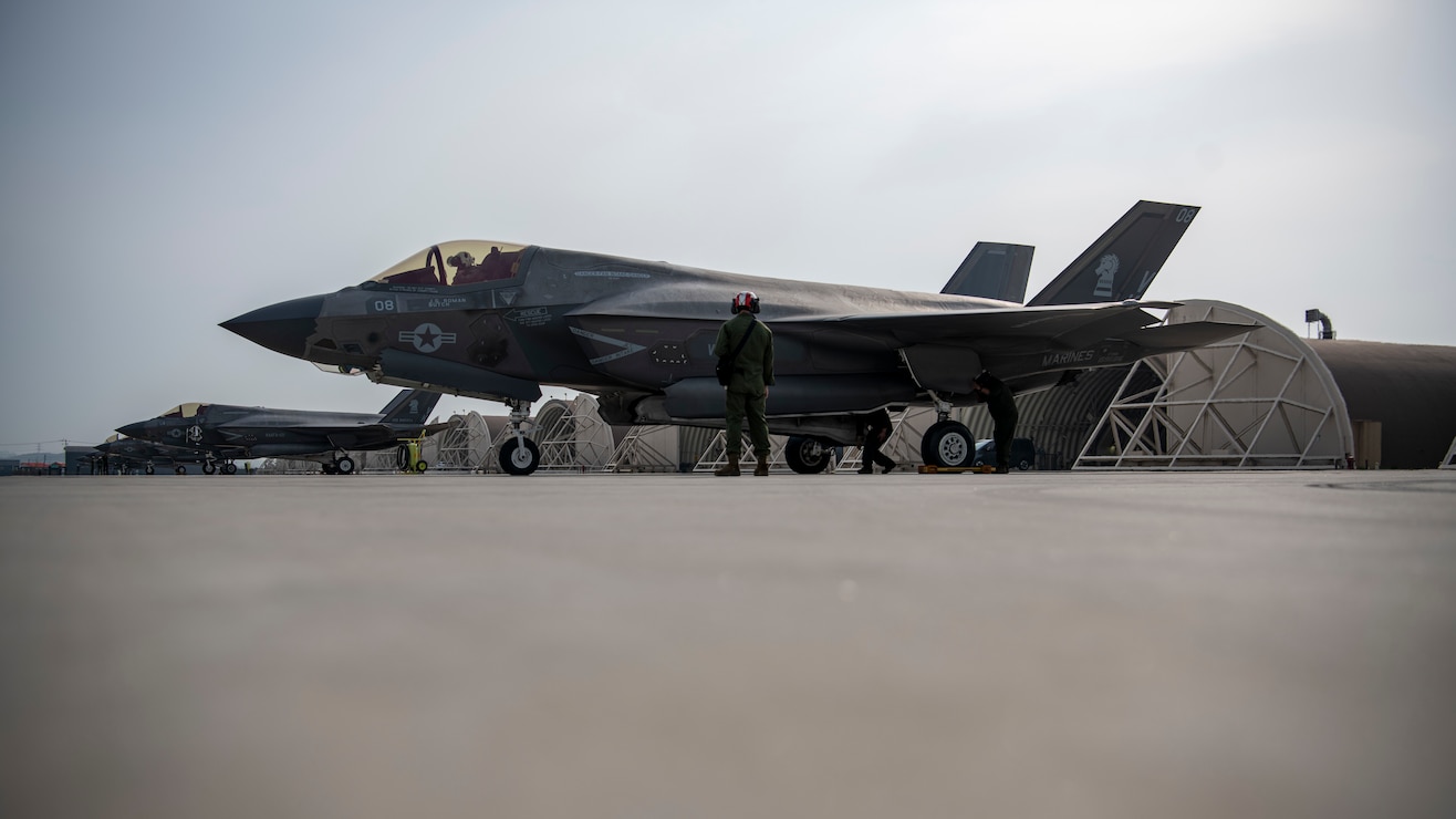 U.S. Marines with Marine Fighter Attack Squadron (VMFA) 121 conduct preflight procedures at Kunsan Air Base, South Korea, April 11, 2024. Marines with VMFA-121, a Japan-based F-35B Lightning II squadron, traveled to South Korea for unit and joint-level training to increase combat readiness and proficiency while operating on the Korean peninsula. (U.S. Marine Corps photo by Cpl. Samantha Rodriguez)