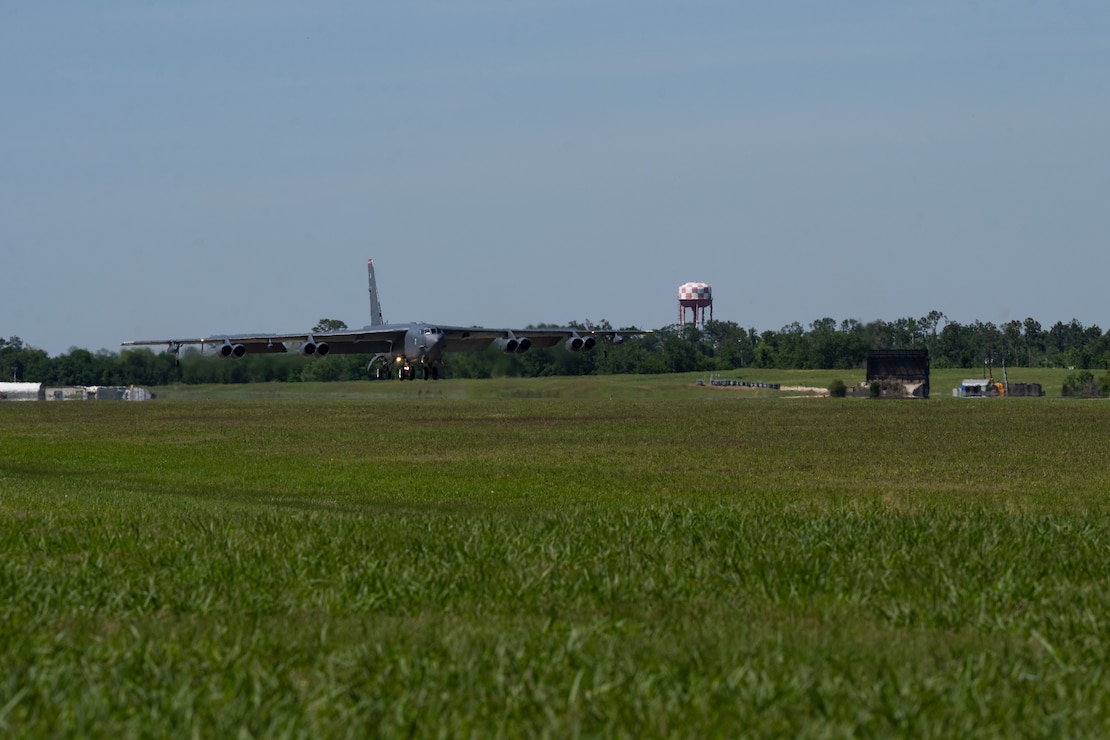 A B-52H Stratofortress assigned to the 96th Bomb Squadron, Barksdale Air Force Base, La. lands at Chennault International Airport, La., as part of exercise Bayou Vigilance April 12, 2024. Exercises like this enable aircrew to maintain high readiness and proficiency while validating the always-ready, global strike capability. (U.S. Air Force photo by Senior Airman Nicole Ledbetter)
