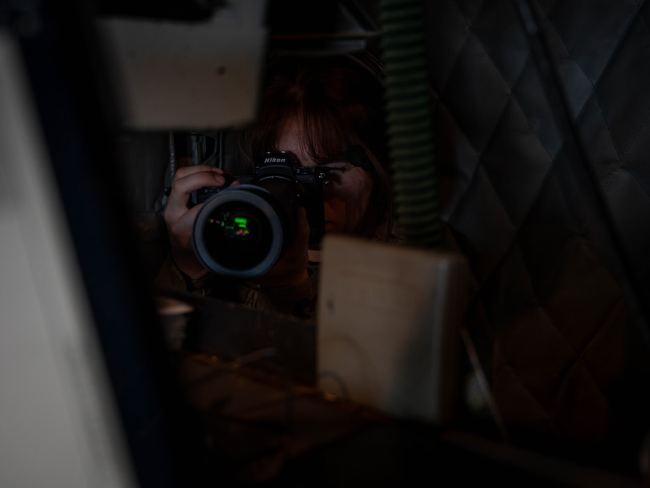 U.S. Air Force Airman 1st Class Katelyn Jackson, 56th Fighter Wing public affairs specialist, photographs KC-135 Stratotanker aircrew, June 23, 2023, at Goldwater ANG Base, Arizona.