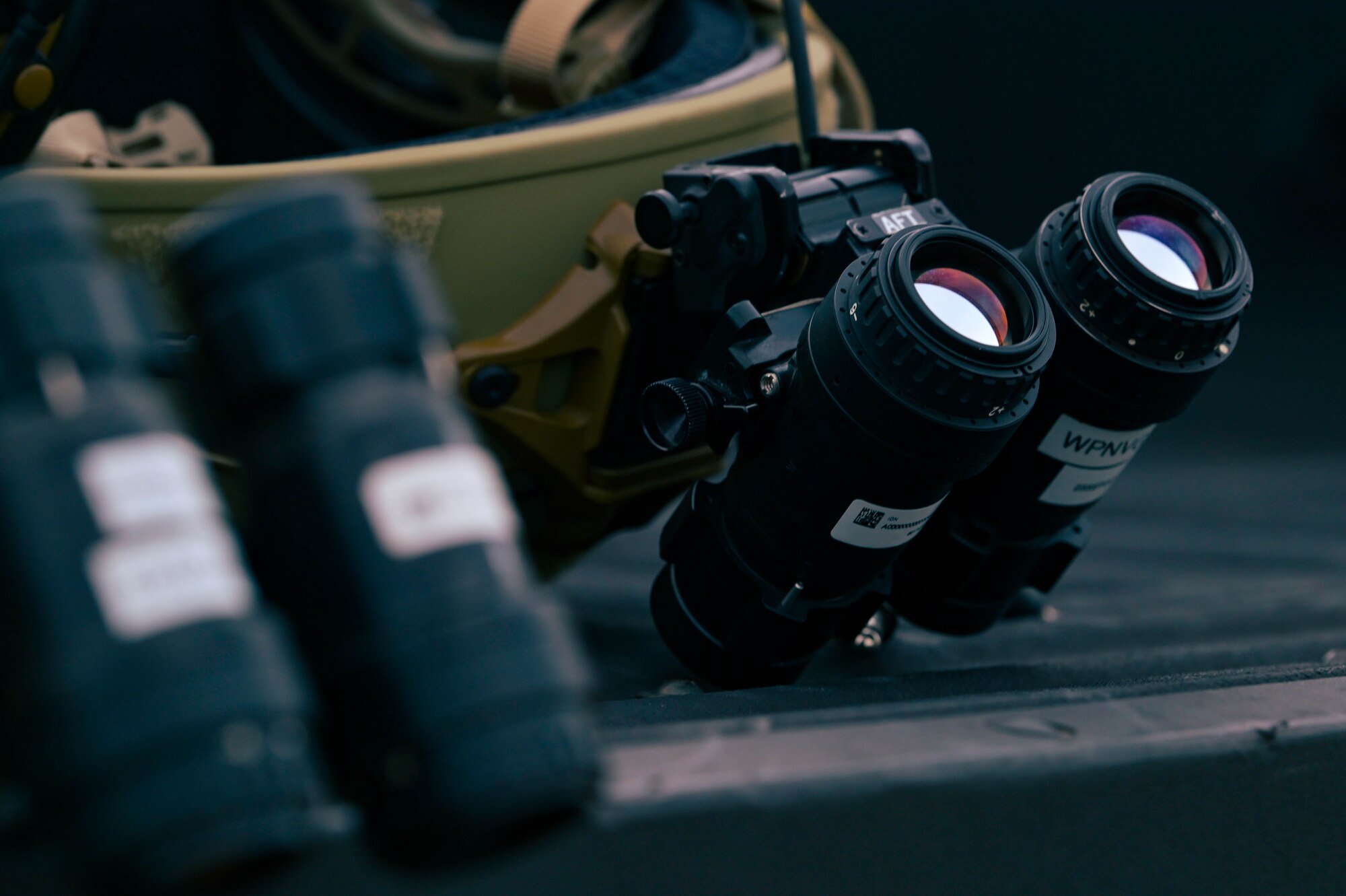 Night vision lenses are displayed during Exercise Emerald Warrior Spiral at the Eglin Range, Florida, April 9, 2024.