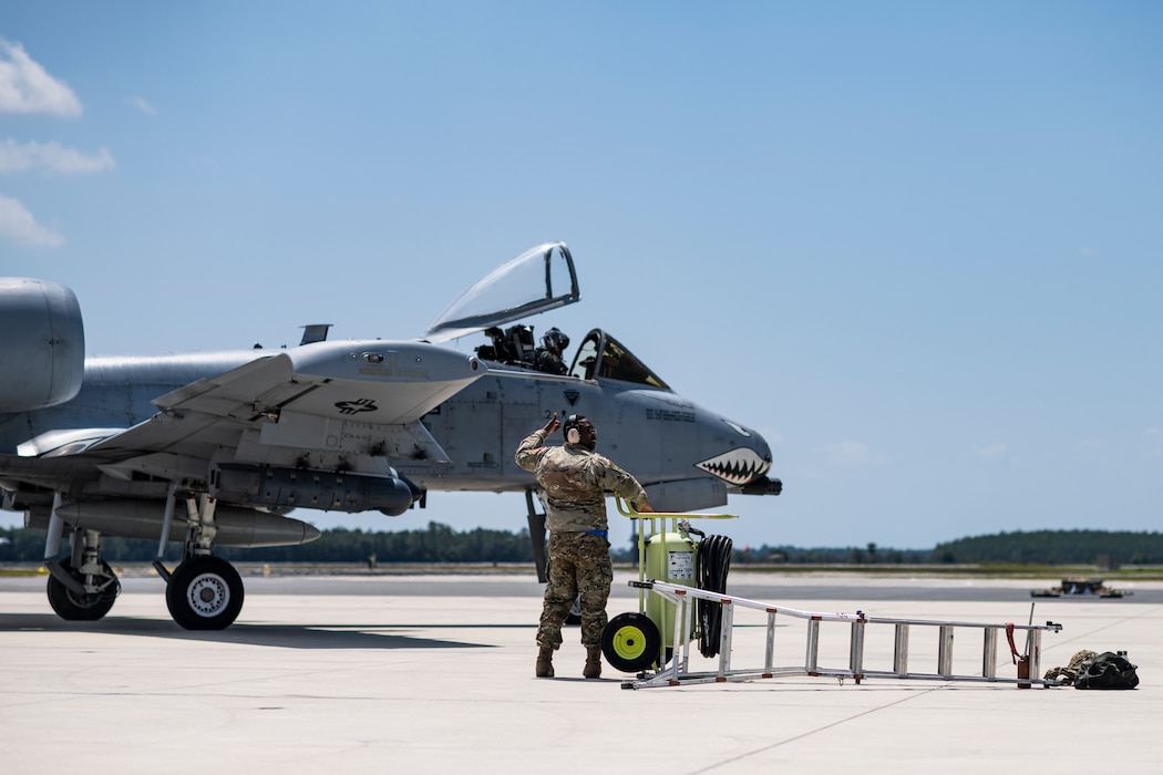 A U.S. Air Force pilot assigned to the 74th Fighter Squadron taxis an A-10C Thunderbolt II during Exercise Ready Tiger 24-1 at Avon Park Air Force Range, Florida, April 10, 2024. The 74th FS conducted flying operations for the exercise, responding to planned scenarios in a simulated Indo-Pacific area of responsibility. During Ready Tiger 24-1, exercise inspectors will assess the 23rd Wing's proficiency in employing decentralized command and control to fulfill air tasking orders across geographically dispersed areas amid communication challenges, integrating Agile Combat Employment principles such as integrated combat turns, forward aerial refueling points, multi-capable Airmen, and combat search and rescue capabilities. (U.S. Air Force photo by Tech. Sgt. Devin Boyer)