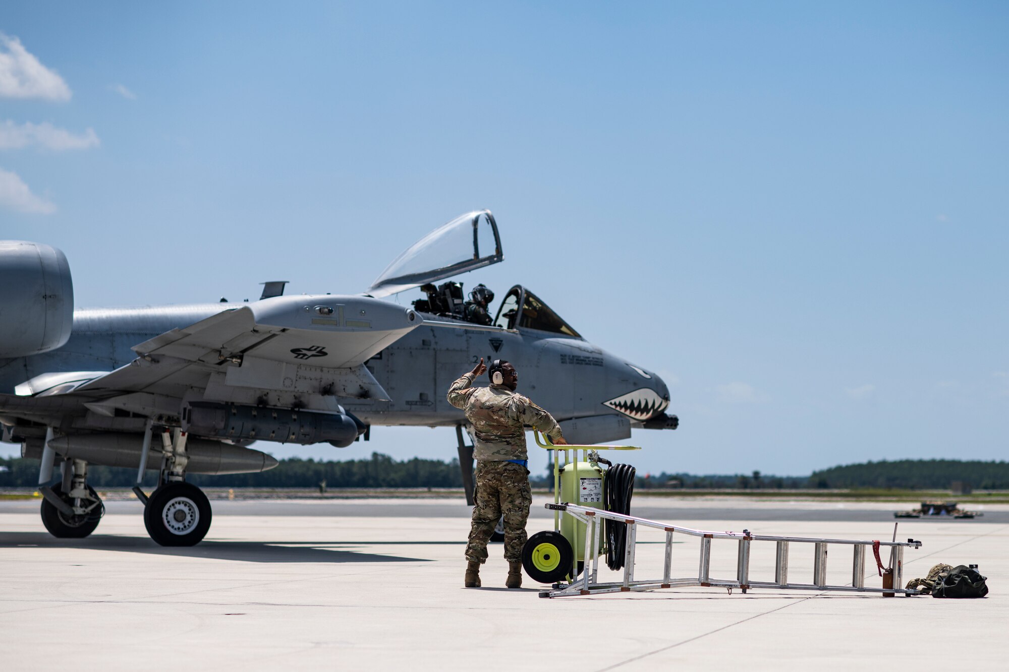 A U.S. Air Force pilot assigned to the 74th Fighter Squadron taxis an A-10C Thunderbolt II during Exercise Ready Tiger 24-1 at Avon Park Air Force Range, Florida, April 10, 2024. The 74th FS conducted flying operations for the exercise, responding to planned scenarios in a simulated Indo-Pacific area of responsibility. During Ready Tiger 24-1, exercise inspectors will assess the 23rd Wing's proficiency in employing decentralized command and control to fulfill air tasking orders across geographically dispersed areas amid communication challenges, integrating Agile Combat Employment principles such as integrated combat turns, forward aerial refueling points, multi-capable Airmen, and combat search and rescue capabilities. (U.S. Air Force photo by Tech. Sgt. Devin Boyer)