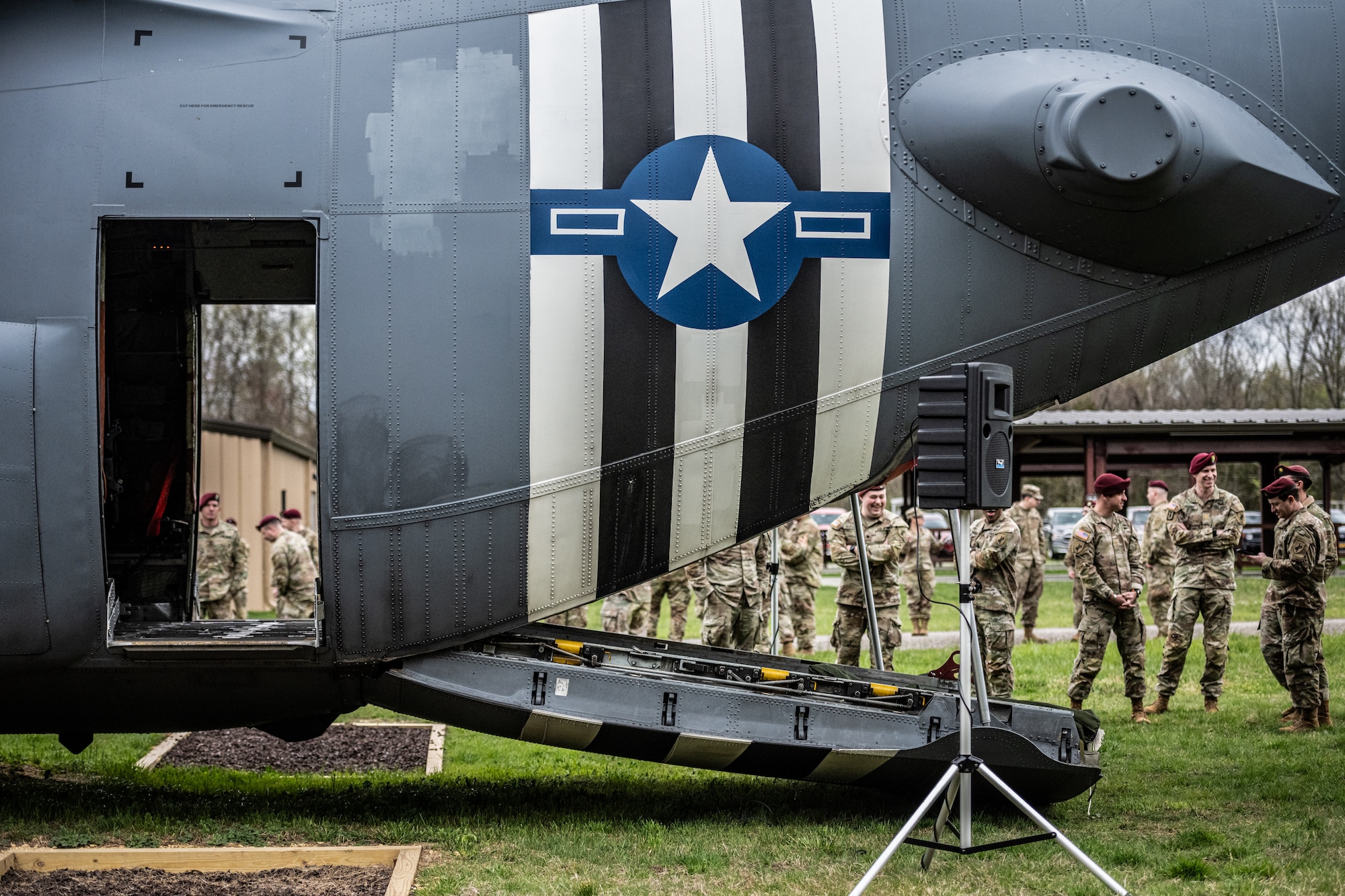 U.S. Army Soldiers prepare to board a C-130 Hercules trainer at Joint Base McGuire-Dix-Lakehurst, N.J., April 13, 2024. The HERC trainer, tailored for airborne operations training, stands as a testament to meticulous preparation and adherence to established protocols for static line parachuting techniques and training. (U.S. Air Force photo by Staff Sgt. Austin Knox)