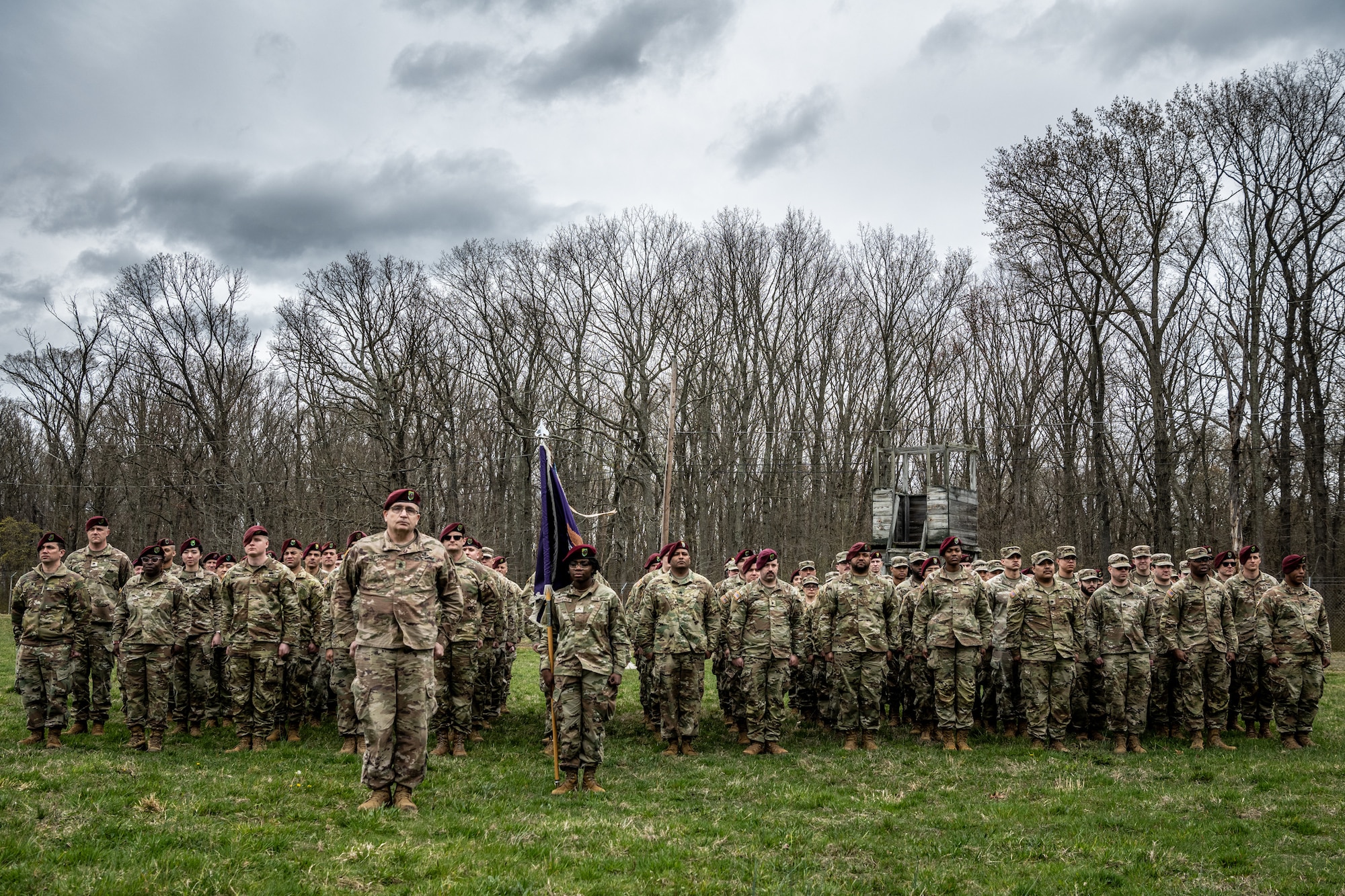 U.S. Army Soldiers stand in formation during a ribbon cutting ceremony for a new C-130 Hercules trainer at Joint Base McGuire-Dix-Lakehurst, N.J., April 13, 2024. The HERC trainer, tailored for airborne operations training, stands as a testament to meticulous preparation and adherence to established protocols for static line parachuting techniques and training. (U.S. Air Force photo by Staff Sgt. Austin Knox)