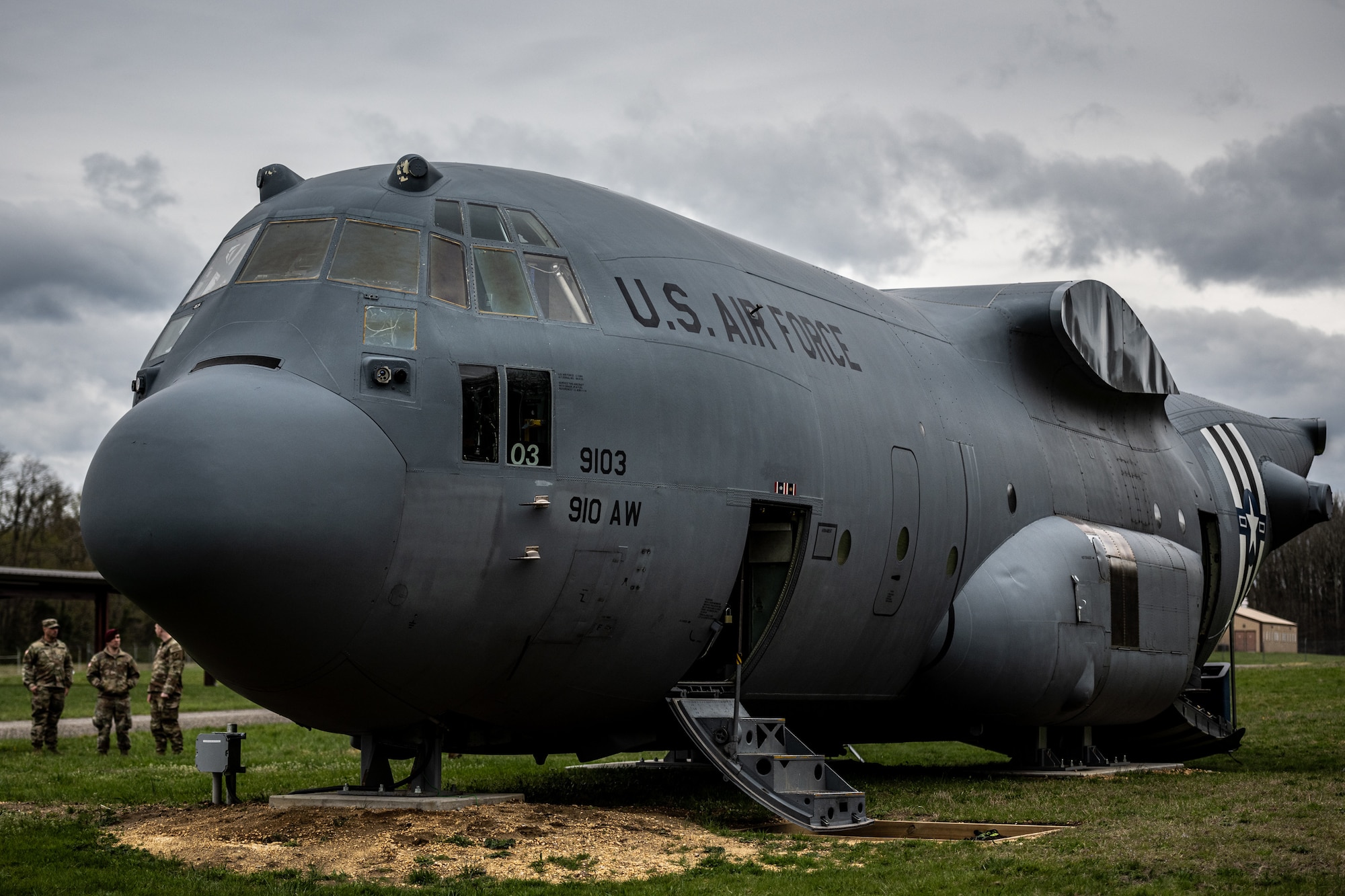 Joint Base McGuire-Dix-Lakehurst, N.J., receives a C-130 Hercules trainer, April 13, 2024. The HERC trainer, tailored for airborne operations training, stands as a testament to meticulous preparation and adherence to established protocols for static line parachuting techniques and training. (U.S. Air Force photo by Staff Sgt. Austin Knox)