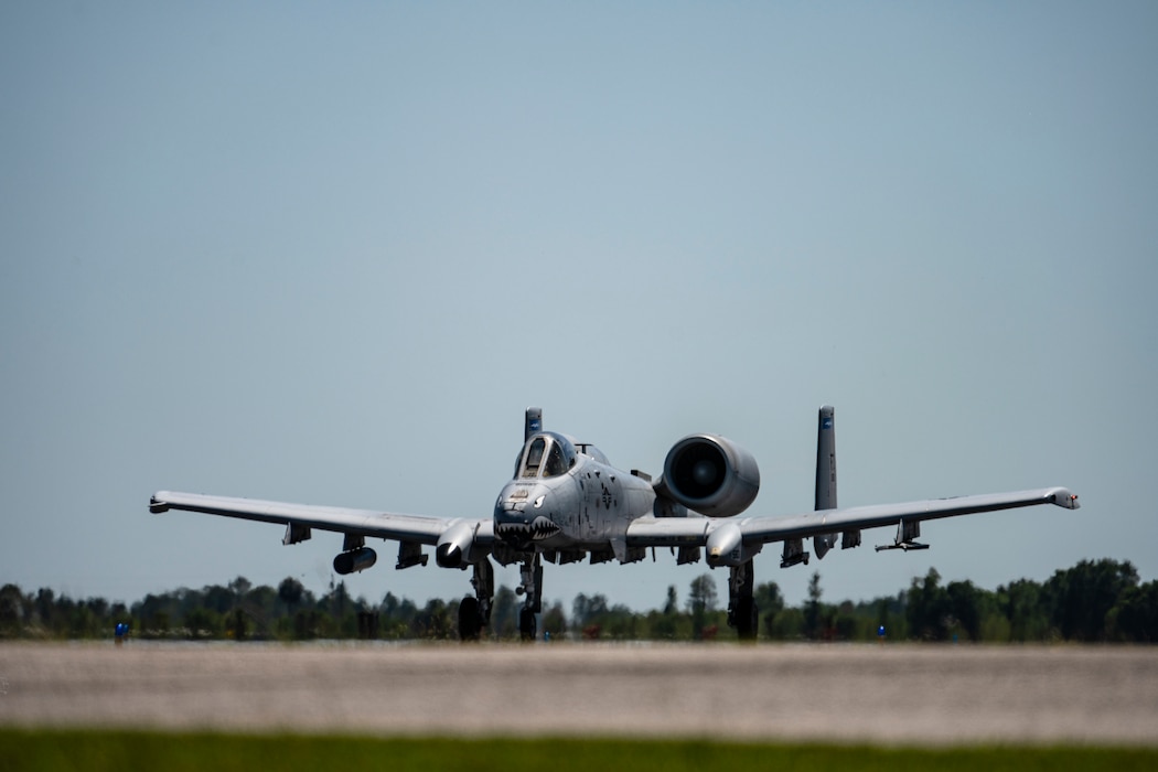 A U.S. Air Force pilot assigned to the 74th Fighter Squadron taxis after landing at Avon Park Air Force Range, Florida, during Exercise Ready Tiger 24-1, April 12, 2024. The close air support asset provided agile combat capabilities in a simulated Indo-Pacific region, supporting ground troops and combat search and rescue operations. The Ready Tiger 24-1 exercise evaluators will assess the 23rd Wing's proficiency in employing decentralized command and control to fulfill air tasking orders across geographically dispersed areas amid communication challenges. (U.S. Air Force photo by Tech. Sgt. Devin Boyer)