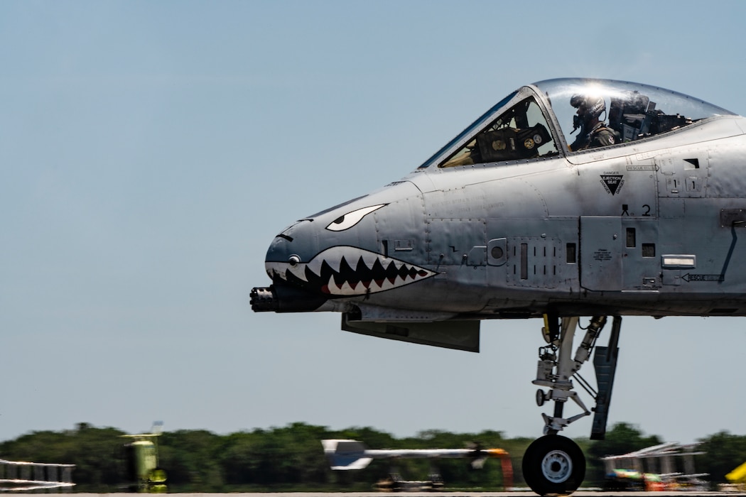 A U.S. Air Force pilot assigned to the 74th Fighter Squadron taxis after landing at Avon Park Air Force Range, Florida, during Exercise Ready Tiger 24-1, April 12, 2024. The 74th FS generated combat airpower across a simulated Indo-Pacific region, landing at contingency locations to receive rapid refueling, minimizing down-time. The Ready Tiger 24-1 exercise evaluators will assess the 23rd Wing's proficiency in employing decentralized command and control to fulfill air tasking orders across geographically dispersed areas amid communication challenges. (U.S. Air Force photo by Tech. Sgt. Devin Boyer)