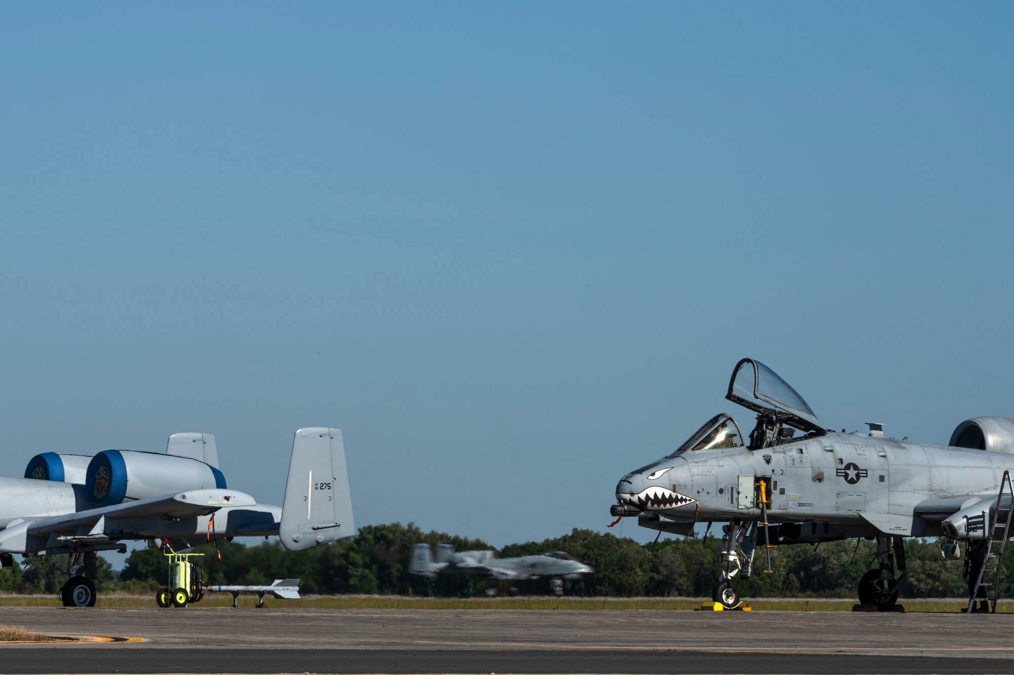 A U.S. Air Force pilot assigned to the 74th Fighter Squadron cruises down the runway at Avon Park Air Force Range, Florida, during Exercise Ready Tiger 24-1, April 12, 2024. The 74th FS generated combat airpower across a simulated Indo-Pacific region, landing at contingency locations to receive rapid refueling, minimizing down-time. The Ready Tiger 24-1 exercise evaluators will assess the 23rd Wing's proficiency in employing decentralized command and control to fulfill air tasking orders across geographically dispersed areas amid communication challenges. (U.S. Air Force photo by Tech. Sgt. Devin Boyer)