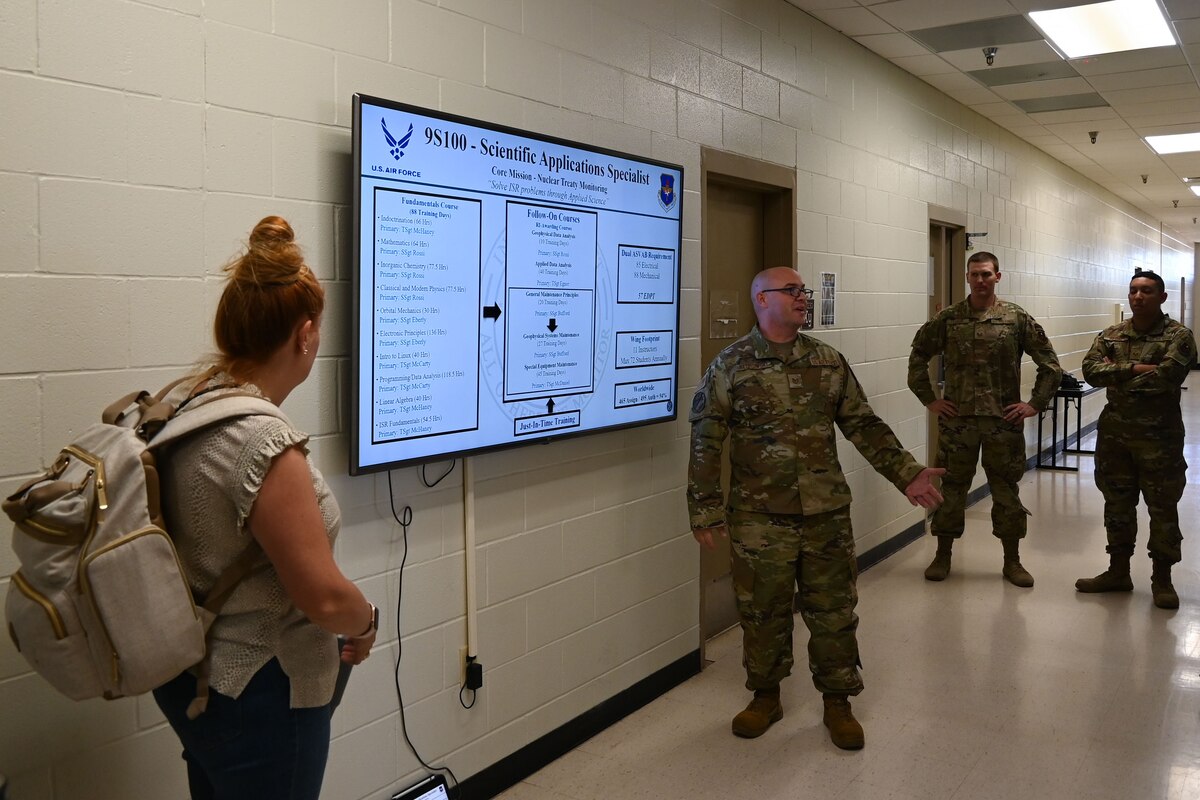 U.S. Air Force Tech. Sgt. Robert Kedrowski, 312th Training Squadron special instruments training instructor, explains the course timeline for the Leadership San Angelo Immersion tour at the Louis F. Garland Department of Defense Fire Academy at Goodfellow Air Force Base, Texas April 11, 2024. SPINTRA applies leading-edge physical science knowledge to perform maintenance, research and development, laboratory operations, and sensor fielding. (U.S. Air Force photo by Airman 1st Class Brian Lummus)
